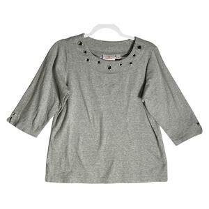 Quacker Factory Sz S Rhinestone Grommet Cotton Pullover 1/2 Sleeve Top Side Slit